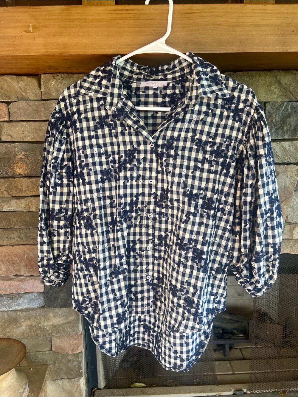 Olivaceous Navy and White Gingham Floral Button-Up Blouse